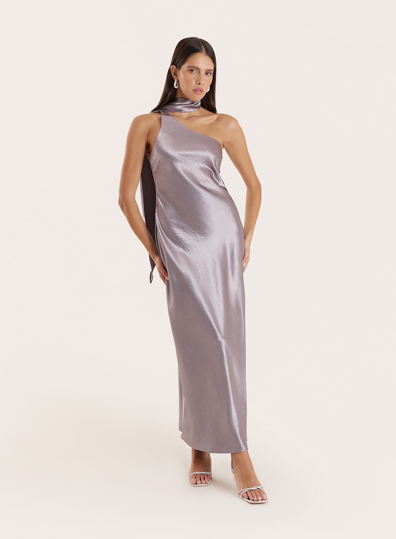 Silver Satin One Shoulder Scarf Neck Maxi Dress